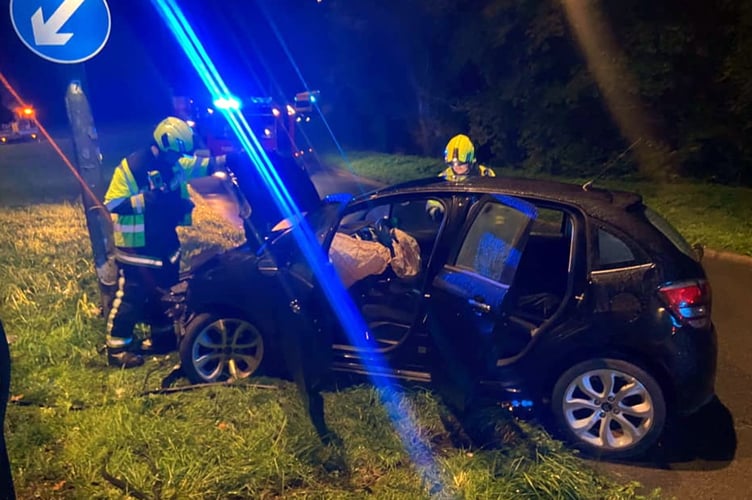 Car crashes into lamppost at Newton Abbot.
Picture: Newton Abbot Fire Station (Nov 28 2022)