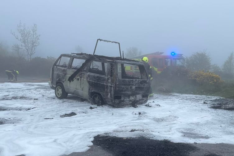 A CAMPERVAN has been destroyed in a fire at Little Haldon near Teignmouth Golf Club.
Picture: Teignmouth Fire Station (1-5-23)