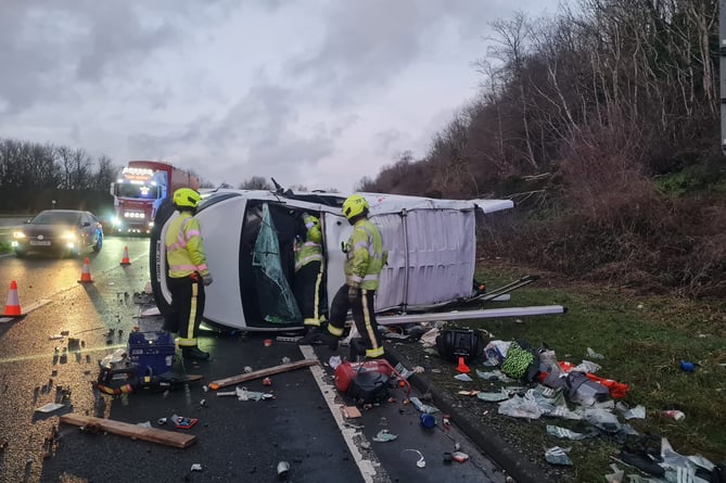 Fire crews from Buckfastleigh and Ashburton at the scene of a crash on the A38. Photo Buckfastleigh Fire Station 