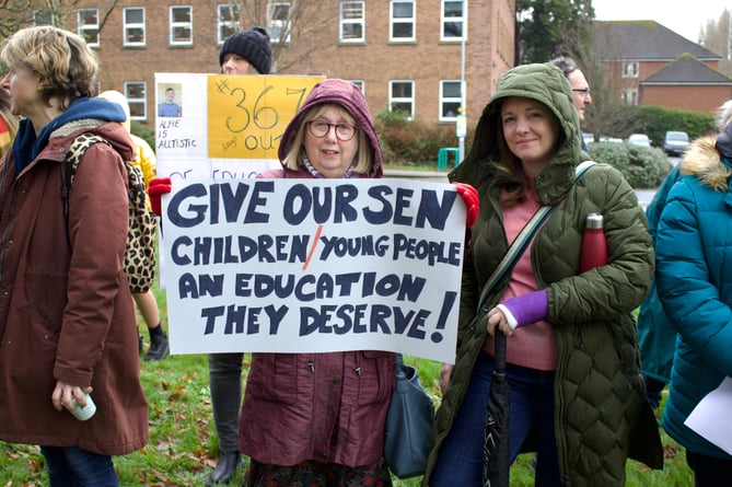 Protesters outside Devon\'s County Hall headquarters in Exeter call for the authority to improve its special educational need and disabilities (SEND) service. (Image courtesy: Will Goddard/LDRS)