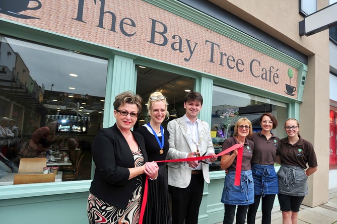 Opening of Bay Tree Cafe in Newton Abbot. 
Sally Henley, mayoral consort Jayne Murden,  mayor Cllr Alex Hall and Margaret Tucker with daughter Clair and granddaughter Lylah