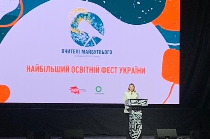 Ukraine's First Lady Olena Zelenska addresses the conference 