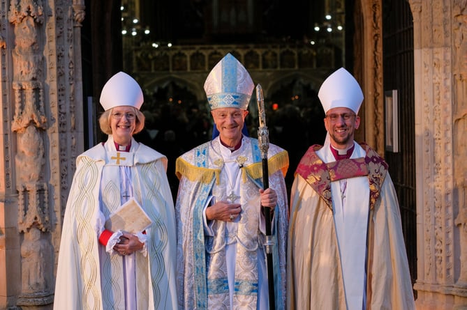 Bishop Mike, the Bishop of Exeter, centre, with left, Bishop Jackie, The Bishop of Crediton and right, Bishop James, Bishop of Plymouth following the Enthronement Service.
