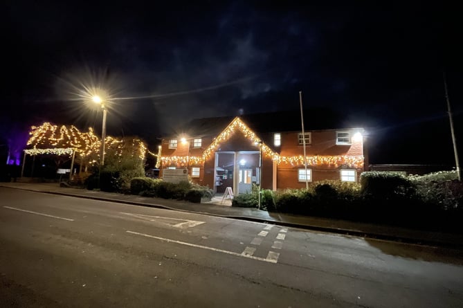 Kingsteignton Community Hall lit up for Christmas. Photo Kingsteignton Town Council 